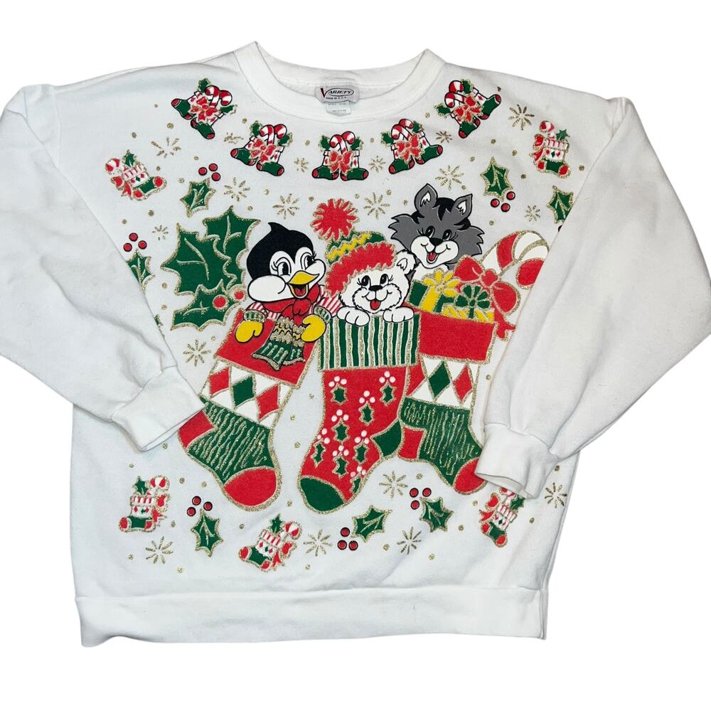 Vintage Christmas whimsy cat ,bear stockings  candy cane glittered sweatshirt MD